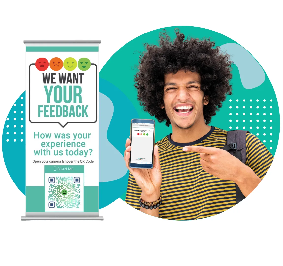Customer scanning a QR code feedback survey