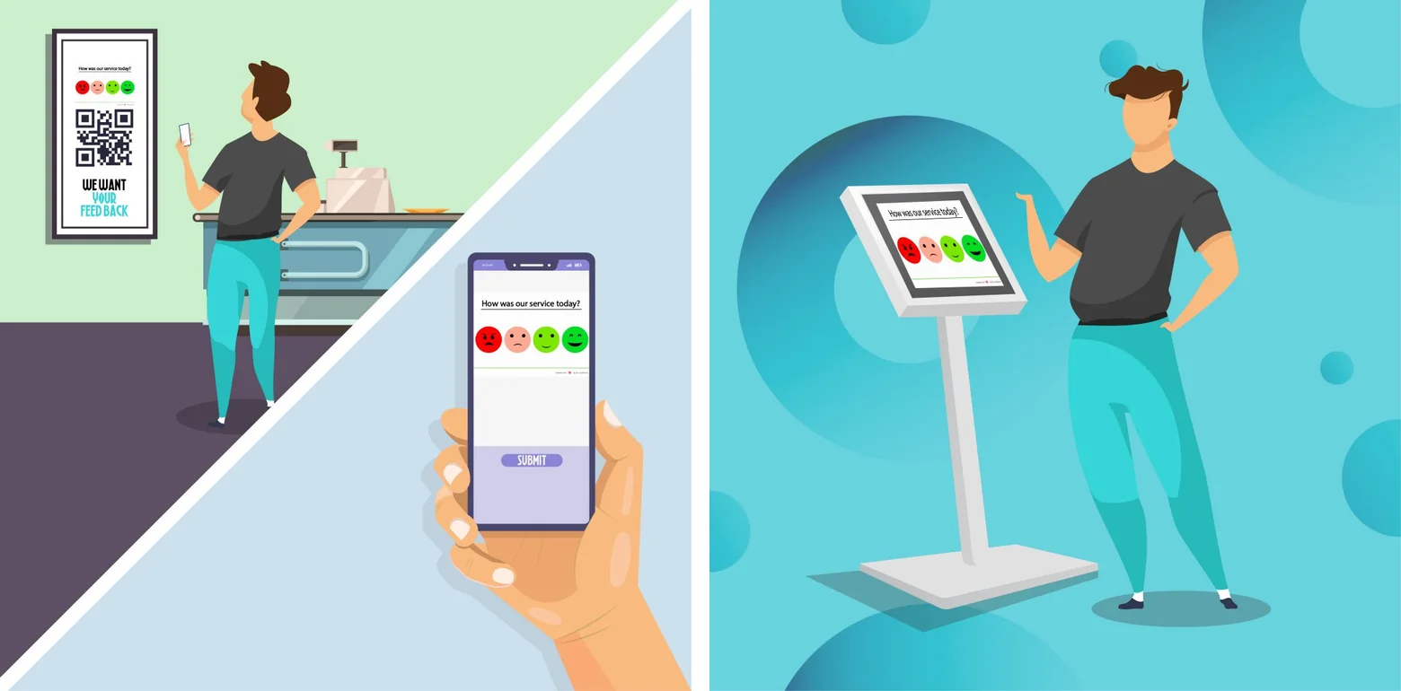 Employee feedback examples: a QR code employee feedback survey answered on a phone, and a one-tap employee survey kiosk on a floor stand.