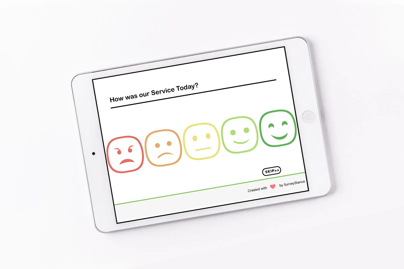 Emoji survey kiosk app on an iPad asking “How was our Service Today?” with five smiley faces from angry to happy.