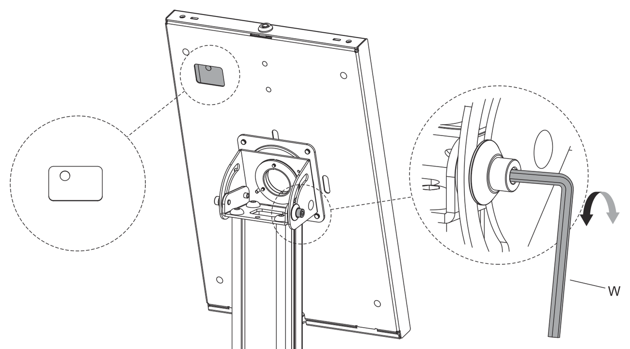 The 4mm hex wrench loosening the tilt bolt behind the tablet case