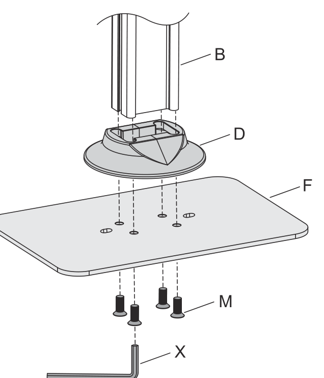 The column, base connector, base and four bolts shown exploded, with the 5mm hex wrench