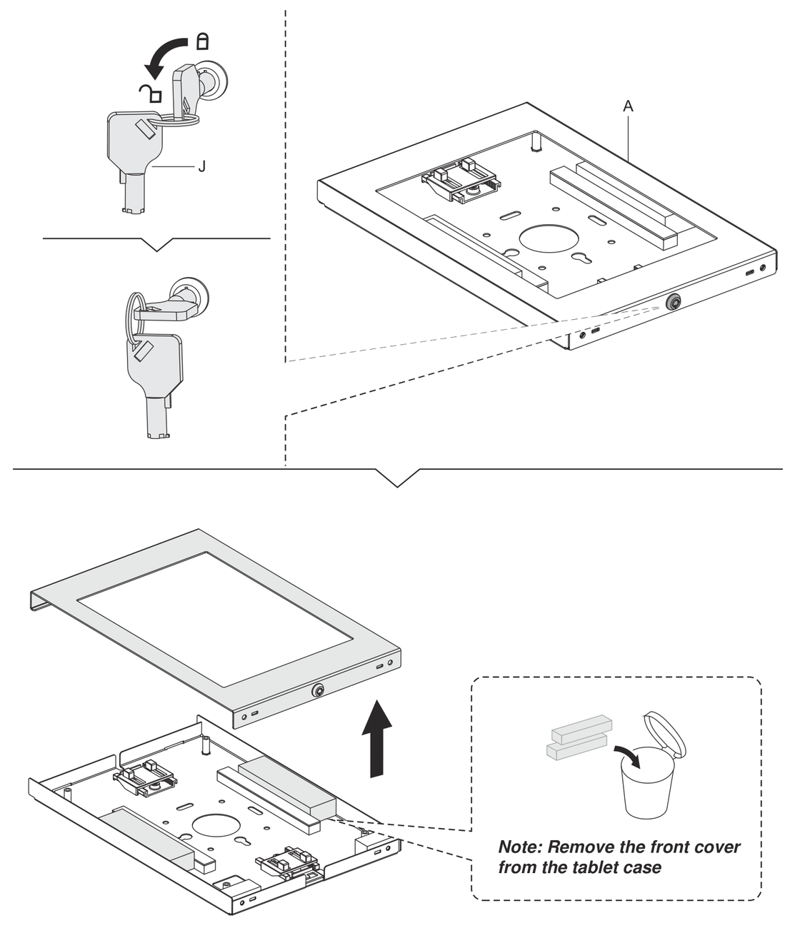The key turning counterclockwise, and the front cover lifting away from the case